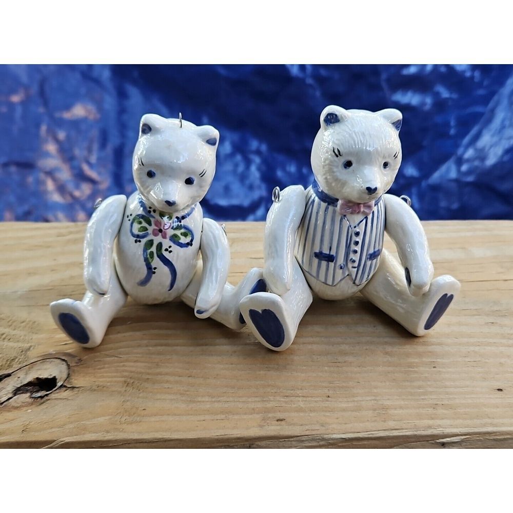 4" French Porcelain Jointed Bears Boy‎ & Girl HAND PAINTED Signed Folk Art